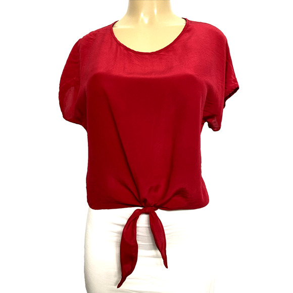 Celine Red Silk Top Blouse Front Tie Knot Round Neck Short Sleeve Italy S - Picture 1 of 8